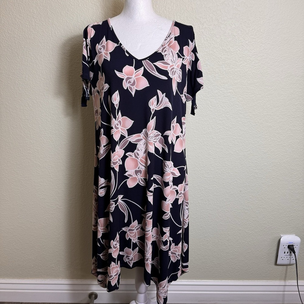 SJS Women's Dress‎ Navy with Pink Flowers Short Cold Shoulder Sleeves Stretch L